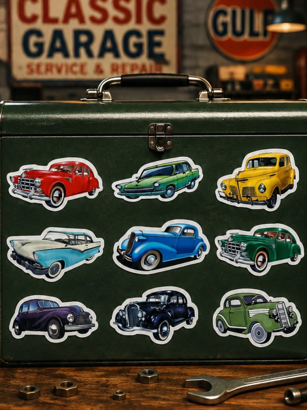 Classic Car Stickers Vintage Auto Coupe Roadster Vinyl Decals 9pc Collector Set